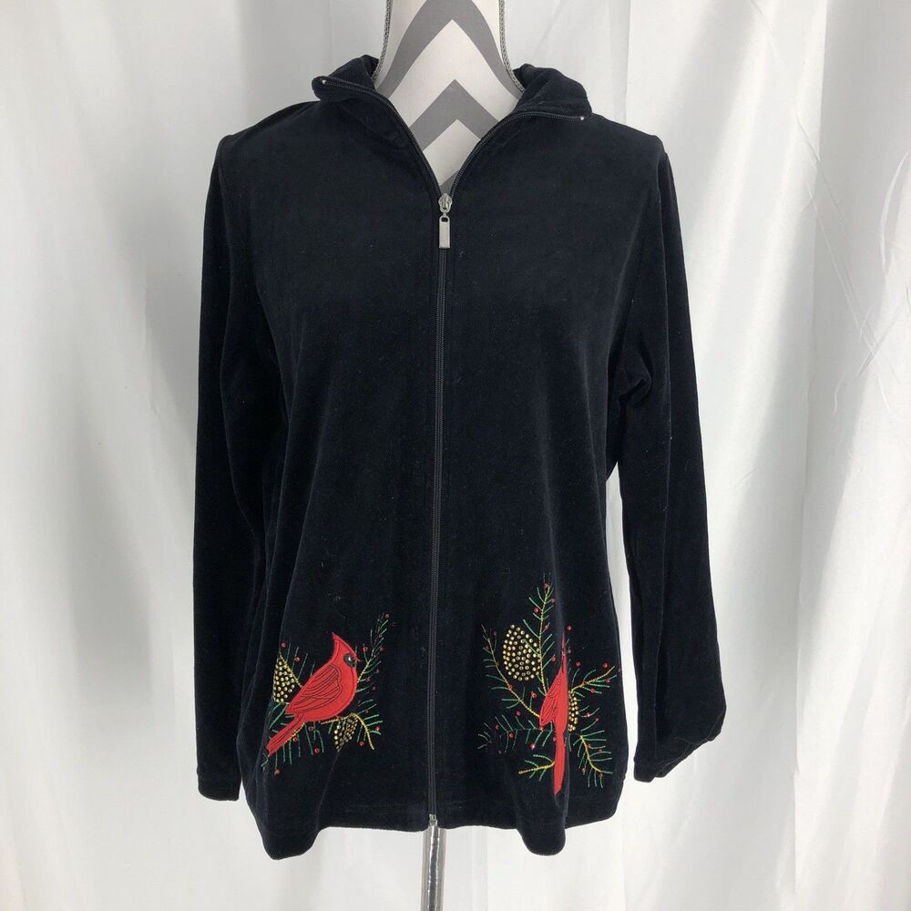 Seventh Avenue Jacket Womens Large Velour Black Emboridered Cardinal Full Zip